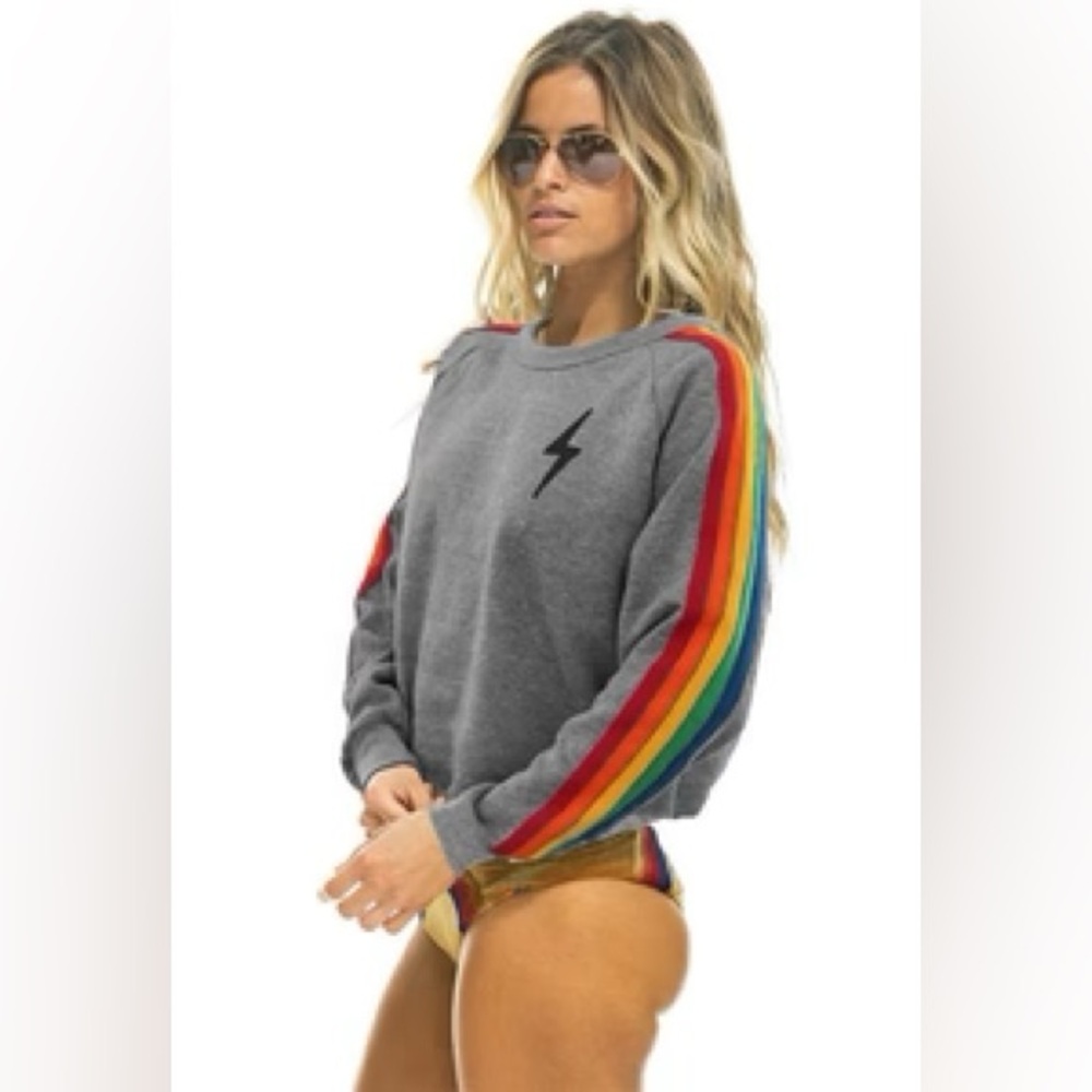 Aviator Nation Gray Crop Top with Vibrant Stripes
